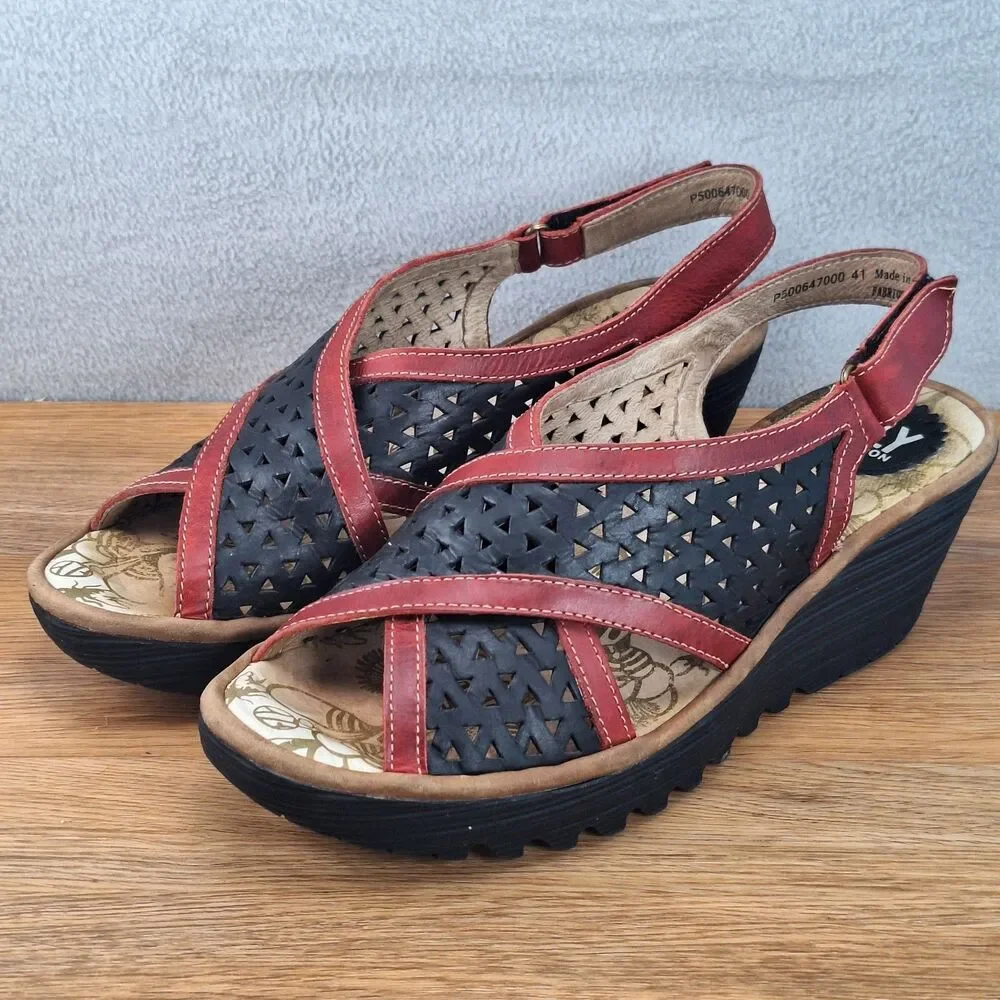 Fly London Ynes Women's 10.5 EU 41 Perforated Leather Wedge Sandals Black Red